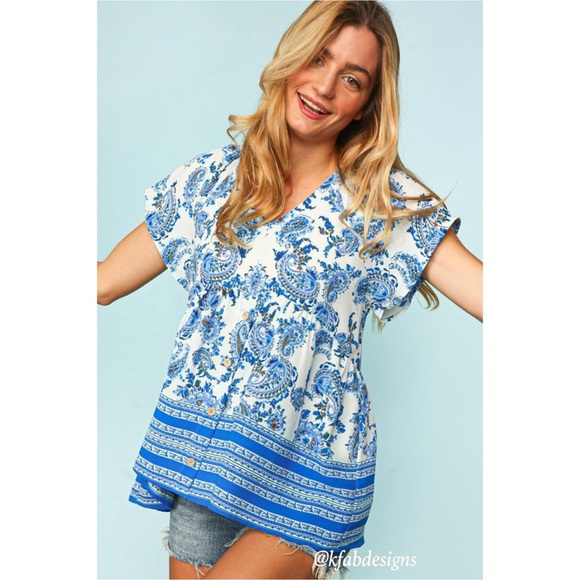 LAST 1! V Neck Blue Flutter Sleeve Paisley Boho Top! - Picture 5 of 9